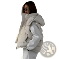 Cream-colored women hooded puffer vest with quilted design for warm winter outerwear