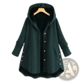 Dark green quilted hooded cotton jacket with black lining and wooden buttons mid length for women