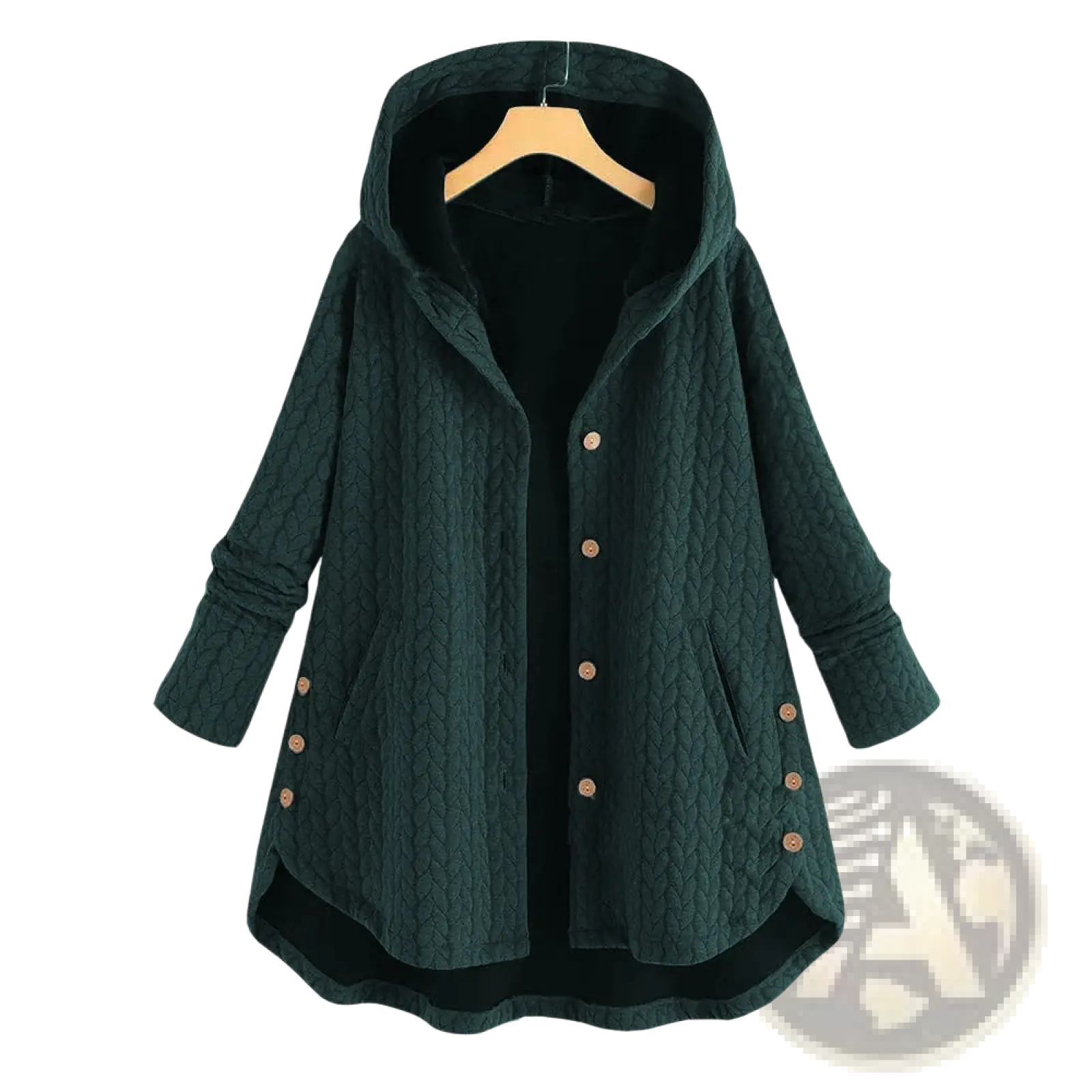 Dark green quilted hooded cotton jacket with black lining and wooden buttons mid length for women