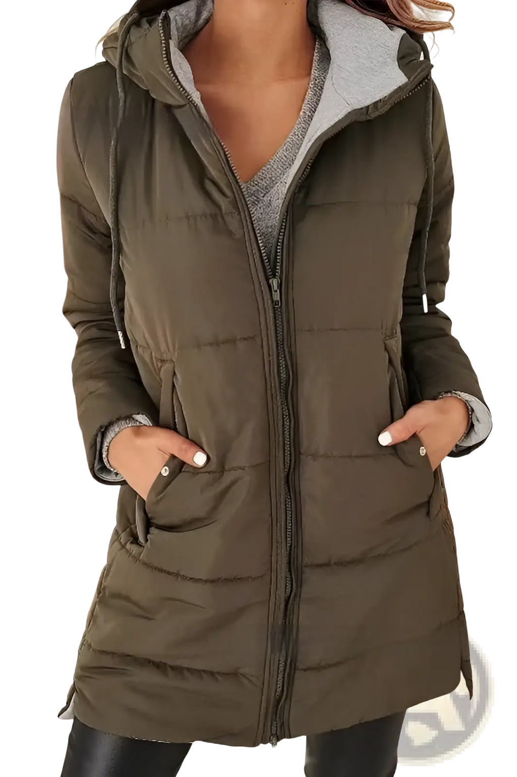 Women hooded quilted cotton winter coat in olive green with gray fleece lining and front pockets