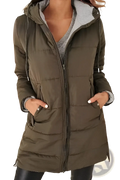 Women hooded quilted cotton winter coat in olive green with gray fleece lining and front pockets