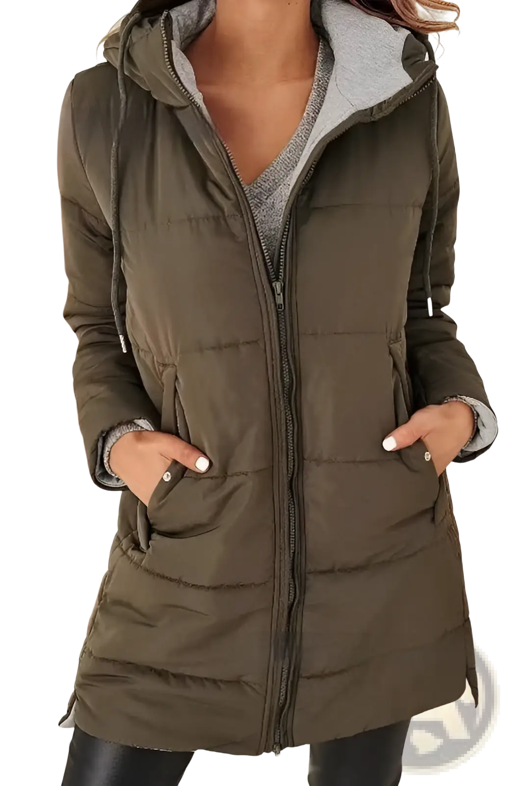 Women hooded quilted cotton winter coat in olive green with gray fleece lining and front pockets