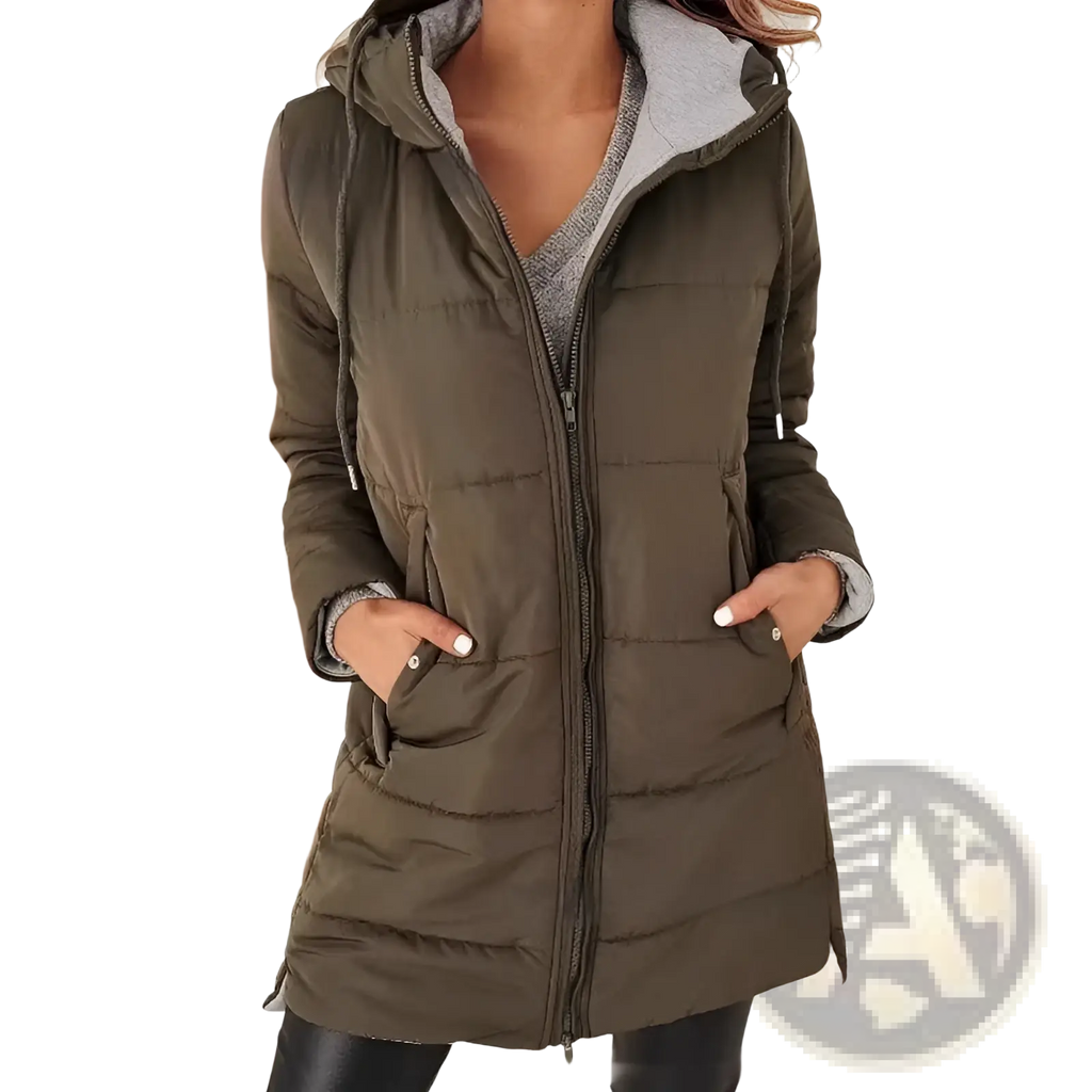 Women hooded quilted cotton winter coat in olive green with gray fleece lining and front pockets for cold weather