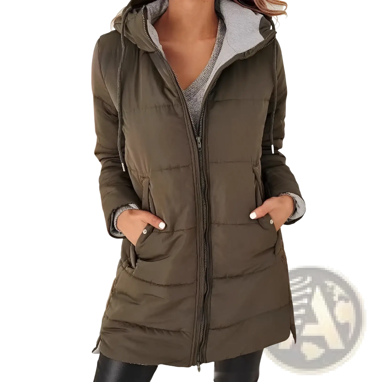 Women hooded quilted cotton winter coat in olive green with gray fleece lining and front pockets for cold weather