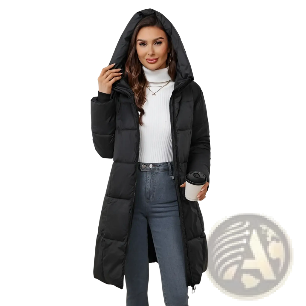 Black quilted hooded puffer coat with front zipper and side pockets designed as a thick winter jacket for women
