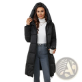 Black quilted hooded puffer coat with front zipper and side pockets designed as a thick winter jacket for women
