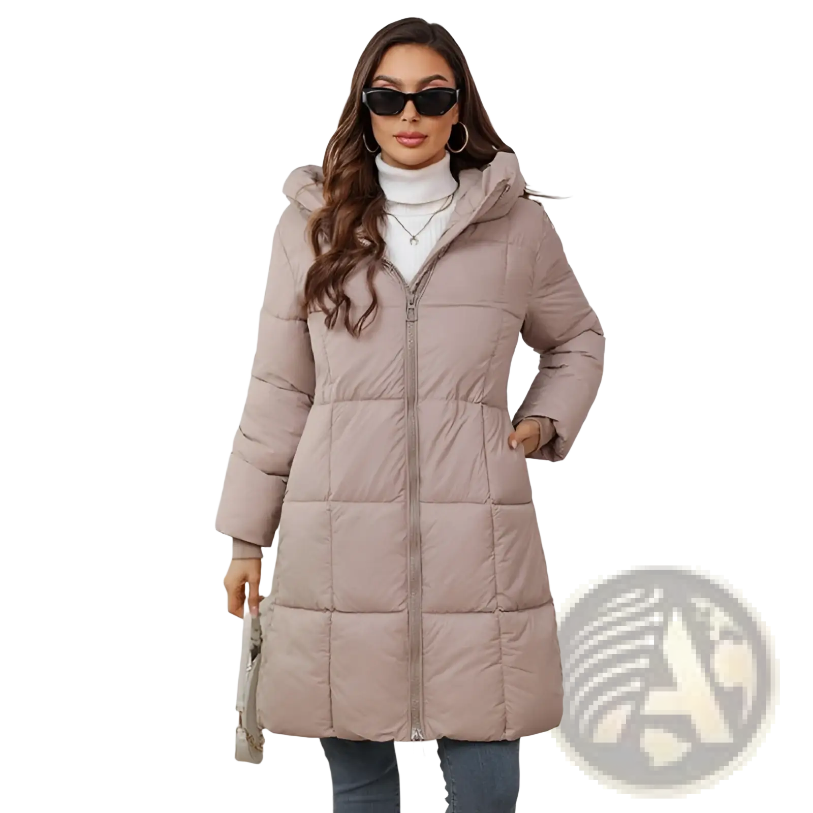 Women hooded quilted puffer coat in beige with front zipper designed as a thick winter jacket for cold weather