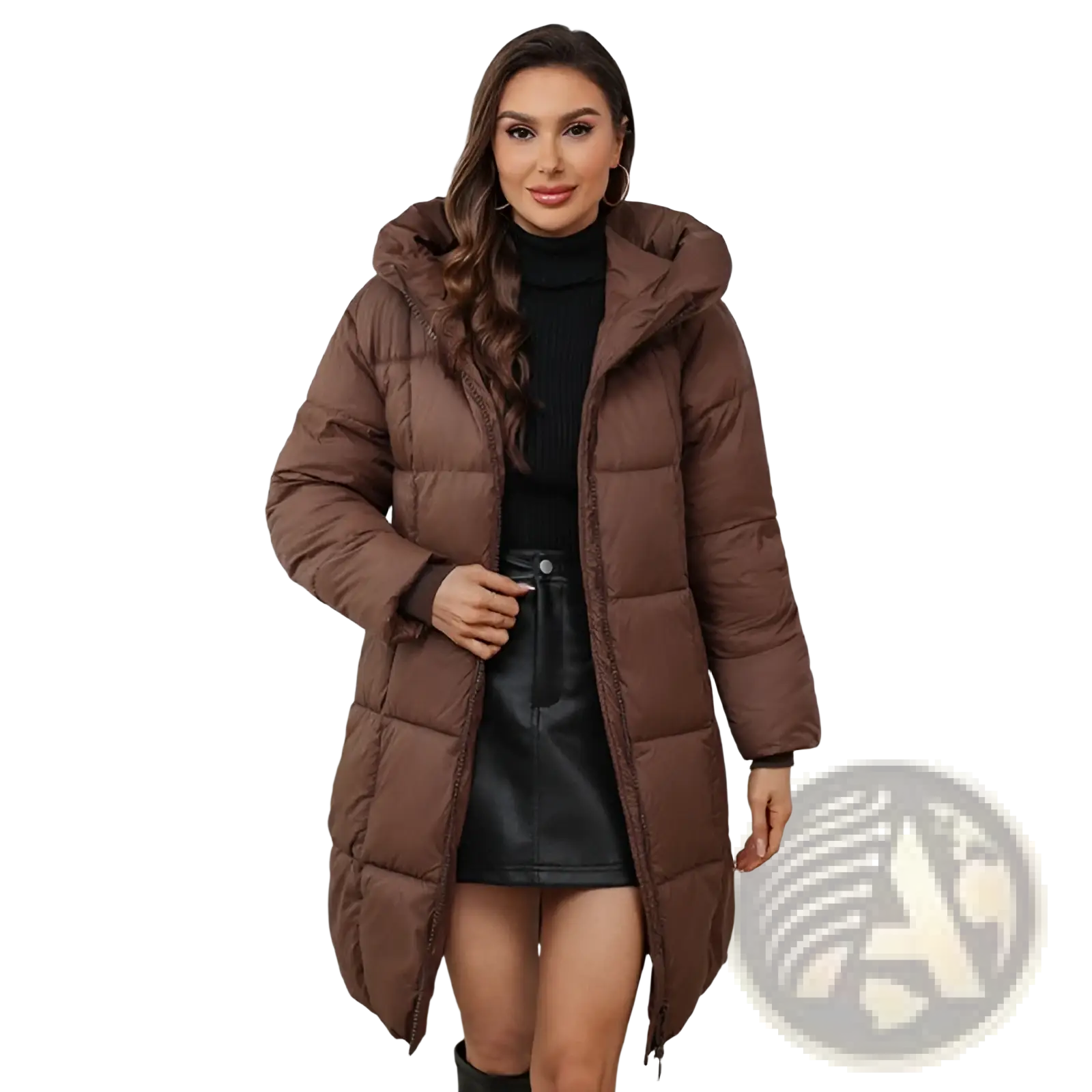 Brown hooded quilted puffer coat for women made of thick material designed as a warm winter jacket