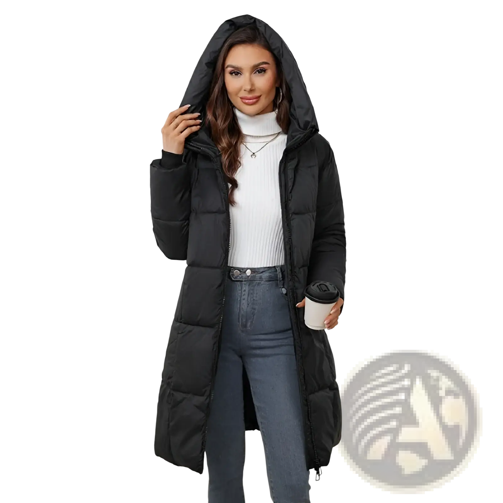 Black women hooded quilted puffer coat with thick insulated design for winter wear