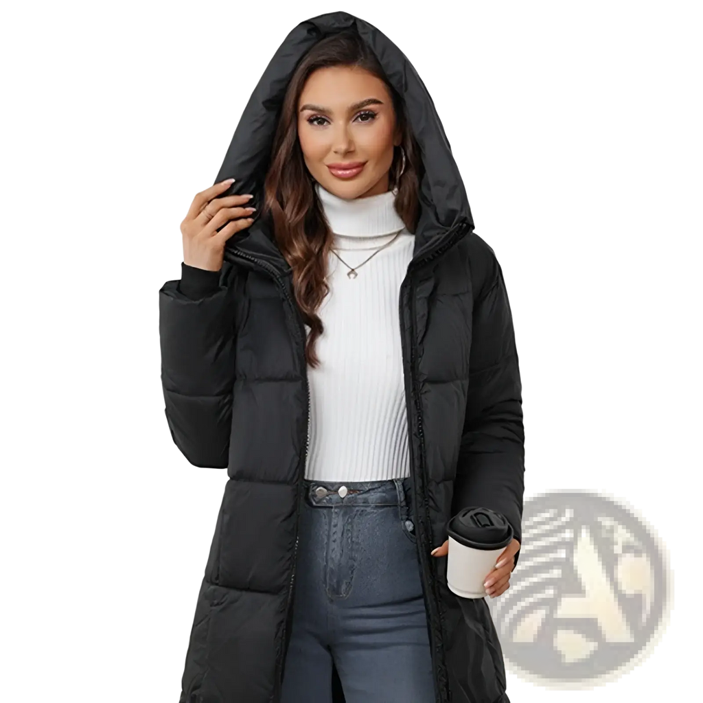 Black women hooded quilted puffer coat with thick insulation designed for winter wear