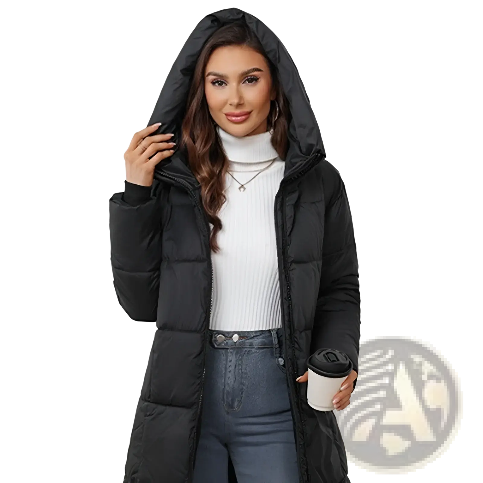 Black women hooded quilted puffer coat with thick insulation designed for winter wear