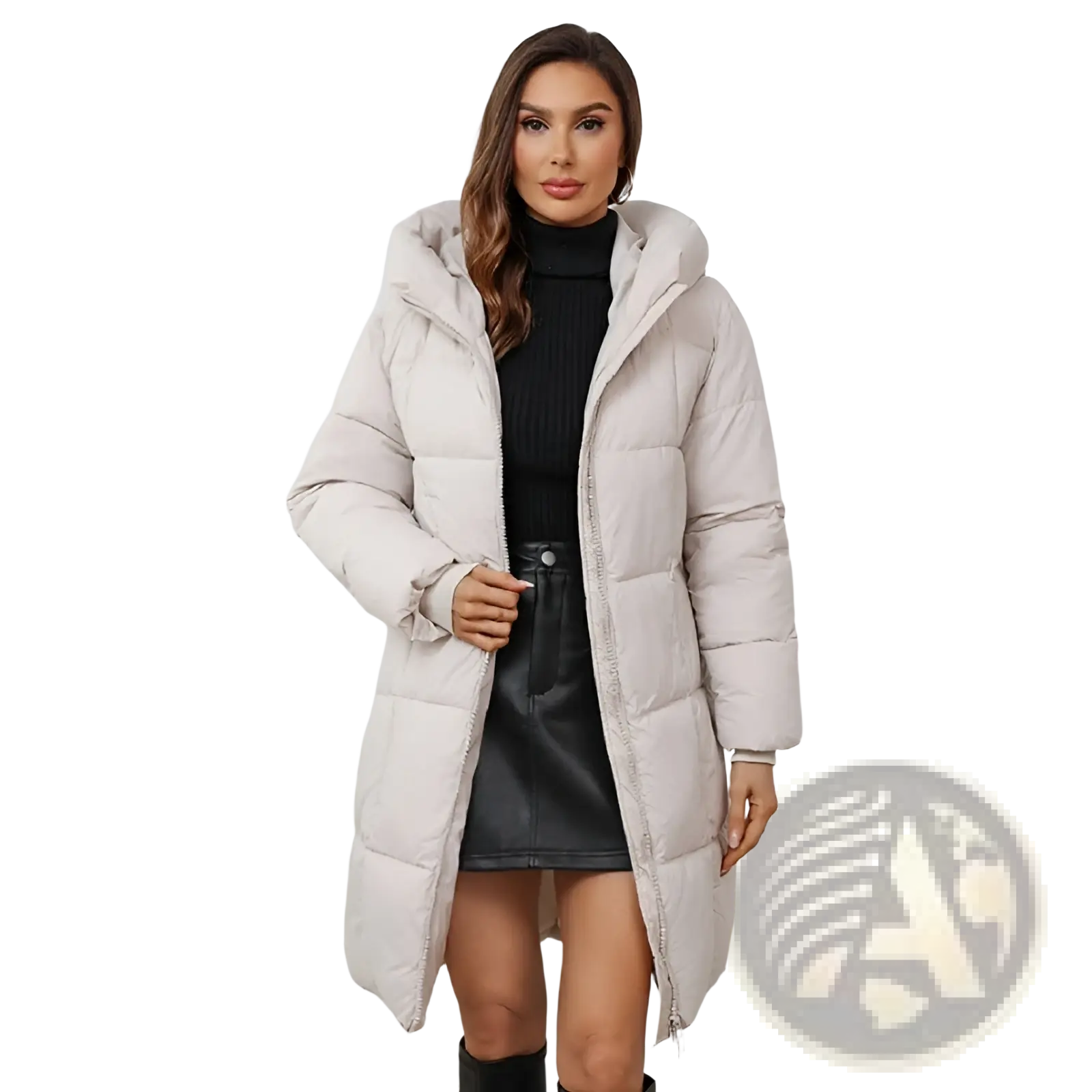 Women hooded quilted puffer coat in light gray with front zipper designed as a thick winter jacket