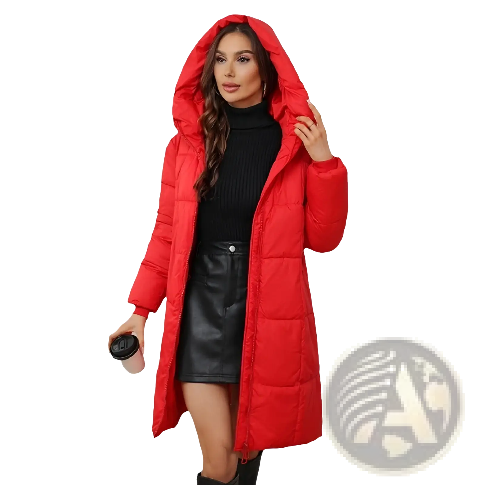 Women hooded quilted puffer coat in vibrant red with long silhouette and ribbed cuffs for thick winter warmth