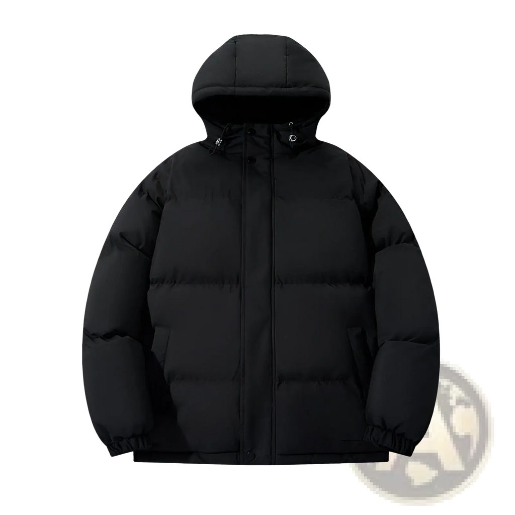 Black women hooded quilted puffer jacket featuring a warm insulated design ideal for cold weather wear