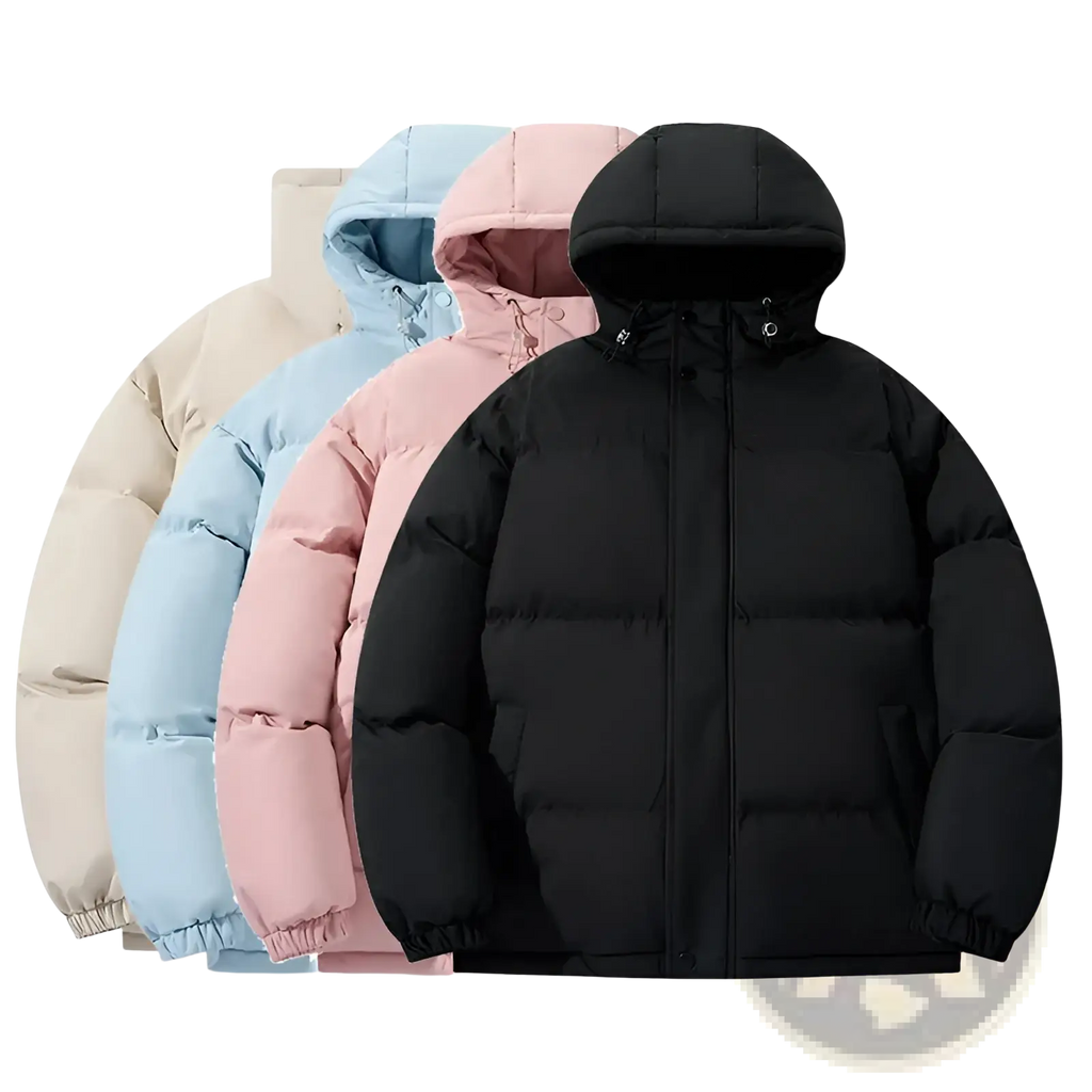 Black women hooded quilted puffer jacket featuring a warm insulated design with a hood and quilted pattern