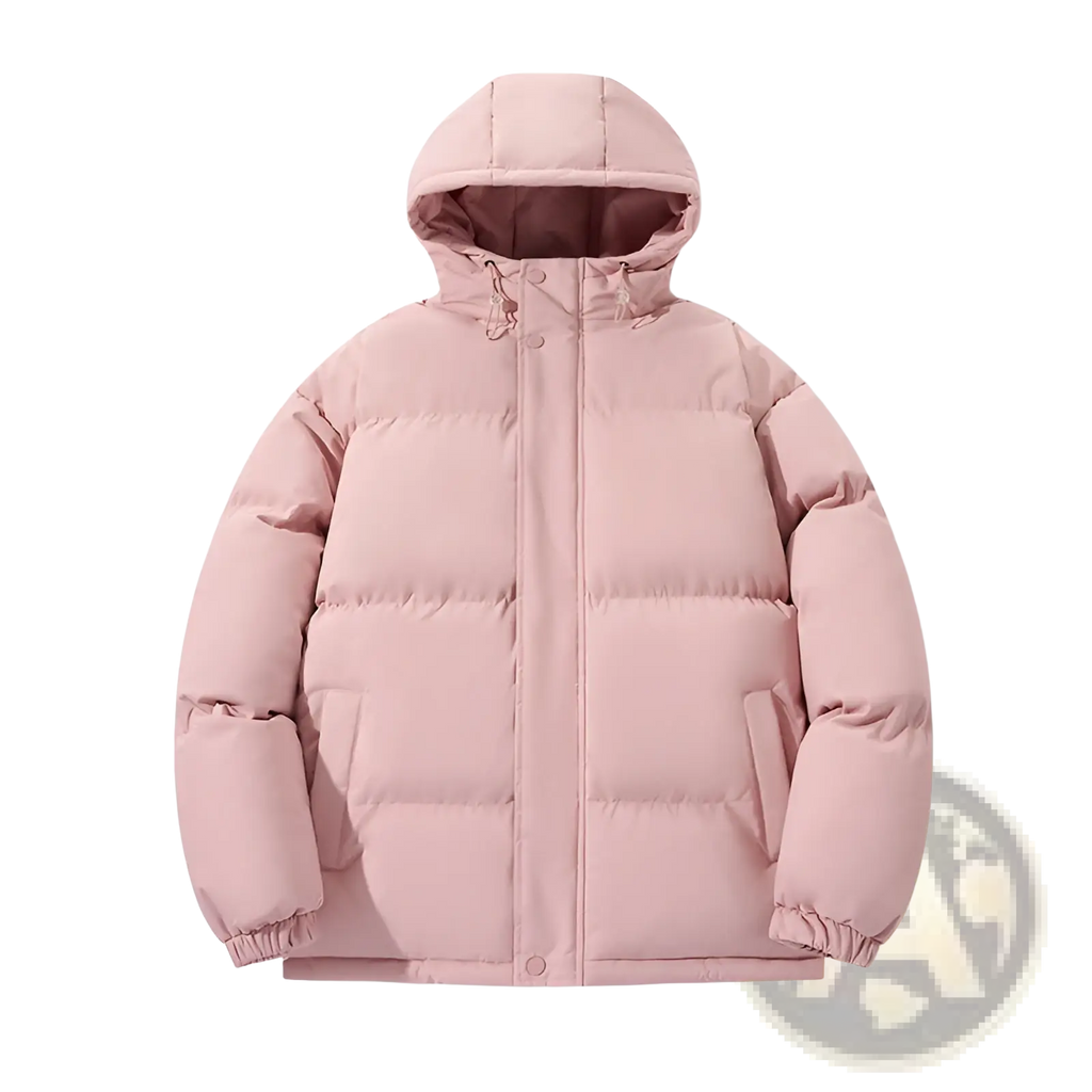 A soft pink women hooded quilted puffer jacket featuring an attached hood and a warm, insulating design