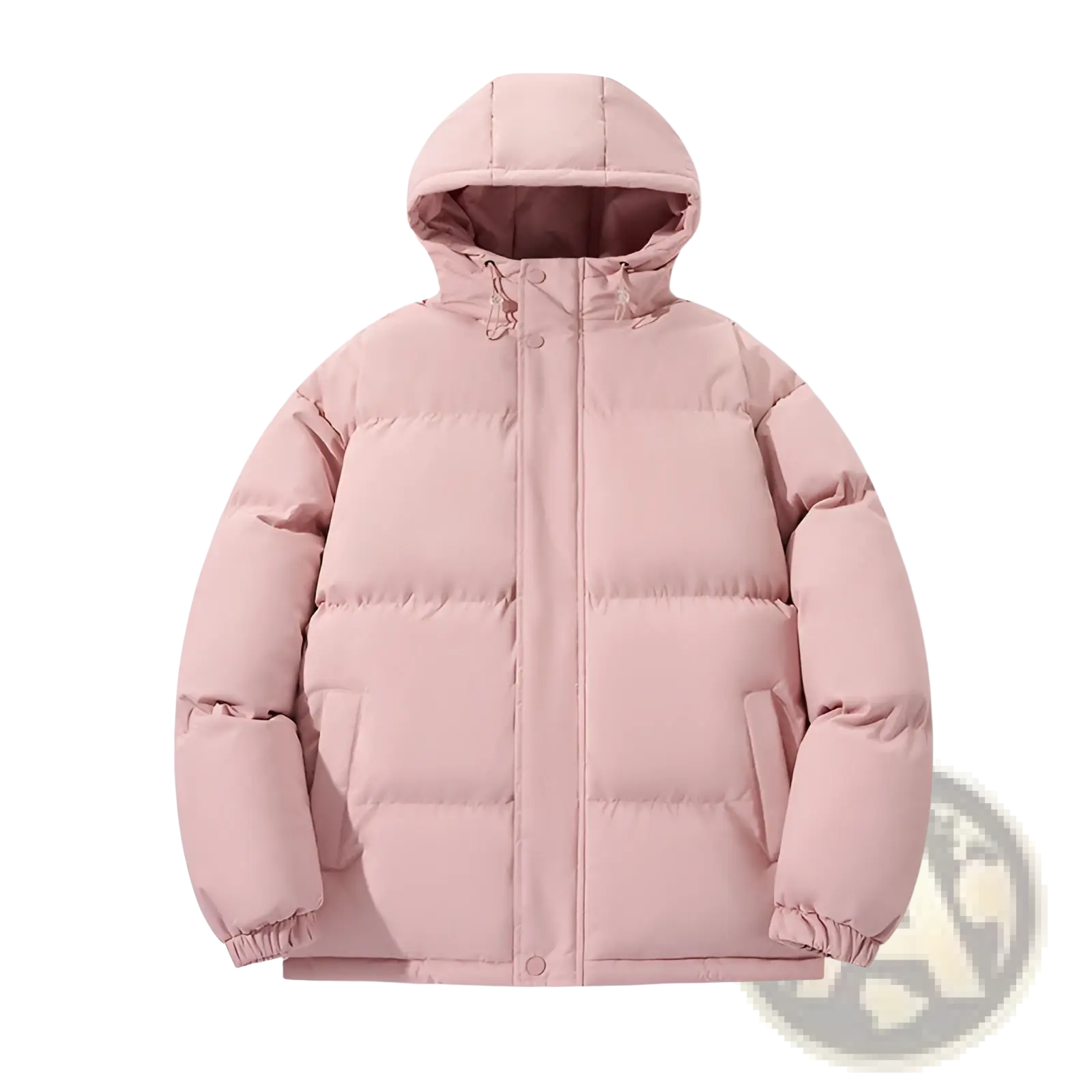 A soft pink women hooded quilted puffer jacket featuring an attached hood and a warm, insulating design