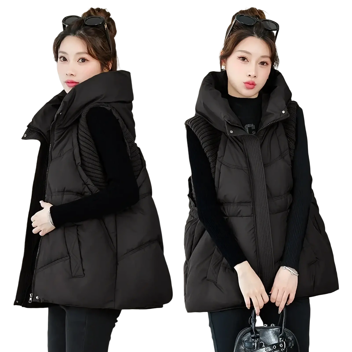 Black women hooded quilted winter vest with ribbed side panels and front zipper closure for cold weather