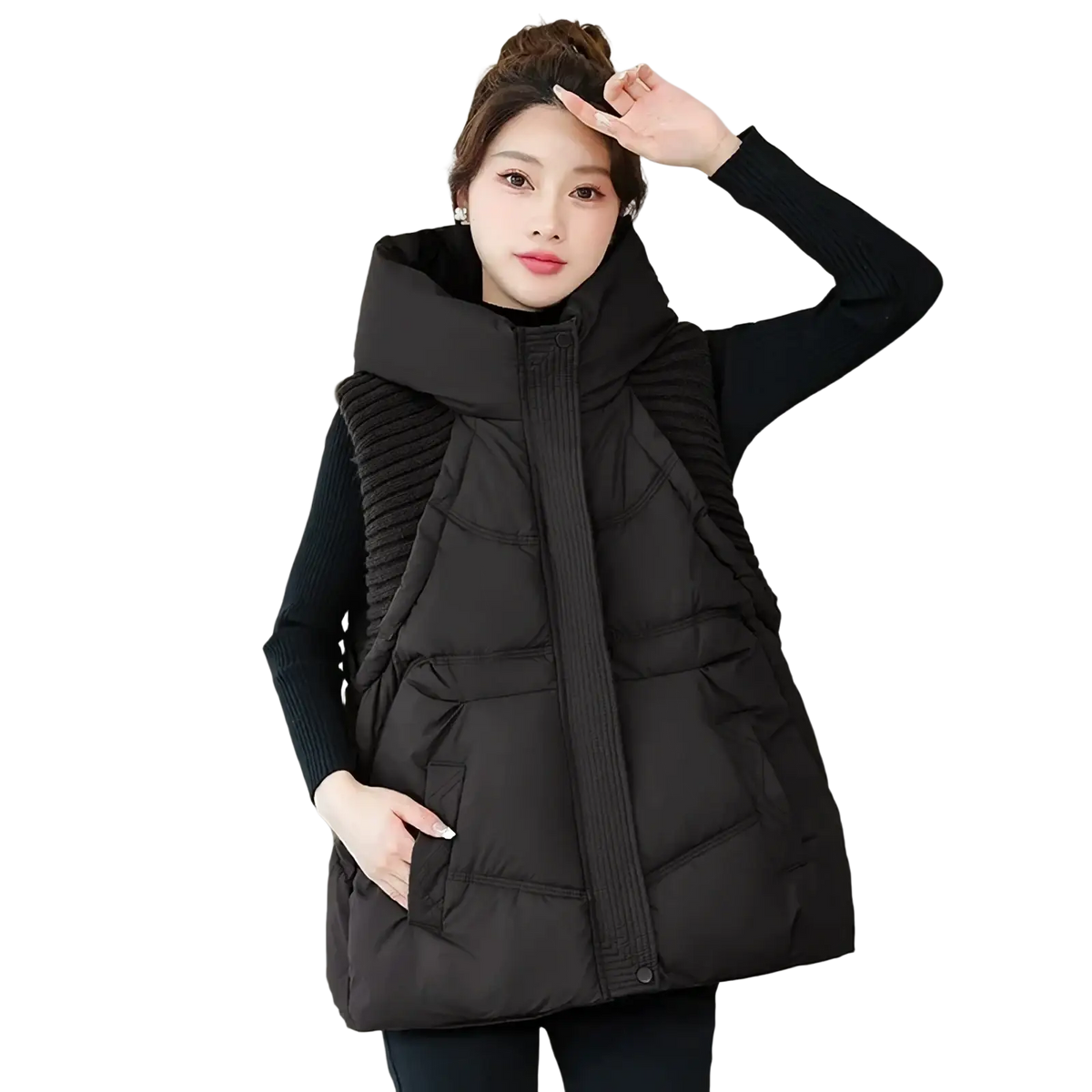 Women hooded quilted winter vest in black with ribbed side panels and front pockets for cold weather layering