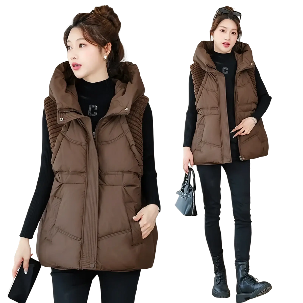 Brown quilted hooded winter vest for women with ribbed side panels and front zipper closure for cold weather use