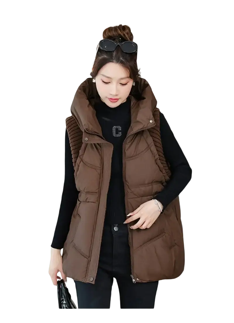 Brown quilted puffer vest with ribbed collar and front zipper for women hooded winter outerwear