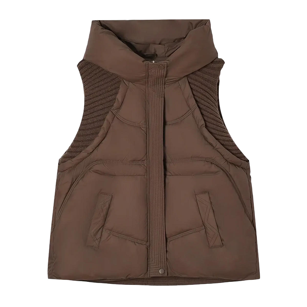 Women hooded quilted winter vest in brown with ribbed knit side panels and two front pockets for warmth and style