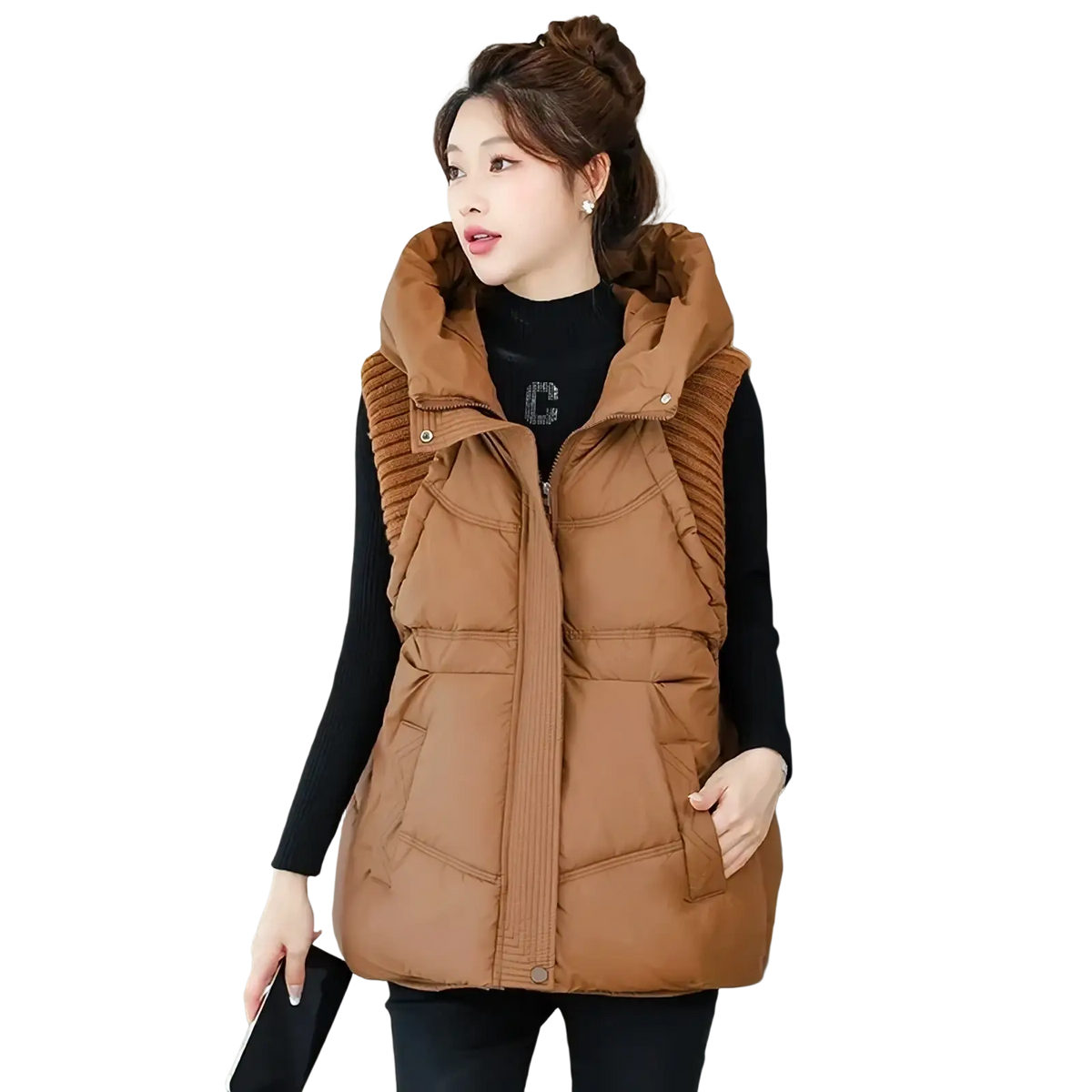 Brown hooded quilted winter vest with ribbed side panels made of lightweight puffer material for women