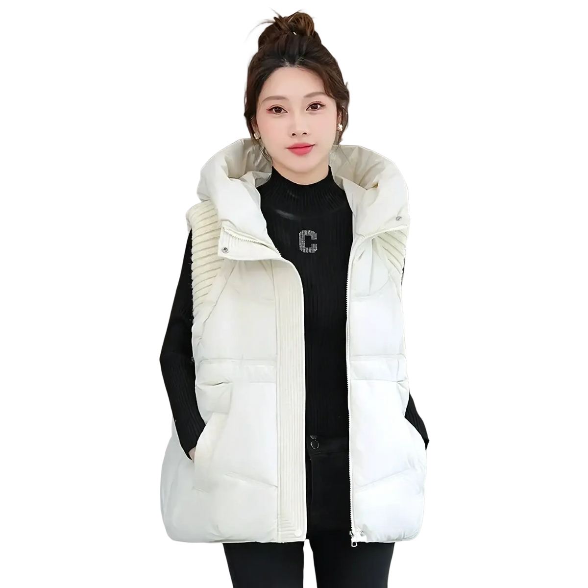 Cream-colored women hooded quilted winter vest with ribbed side panels and a hood for added warmth and style