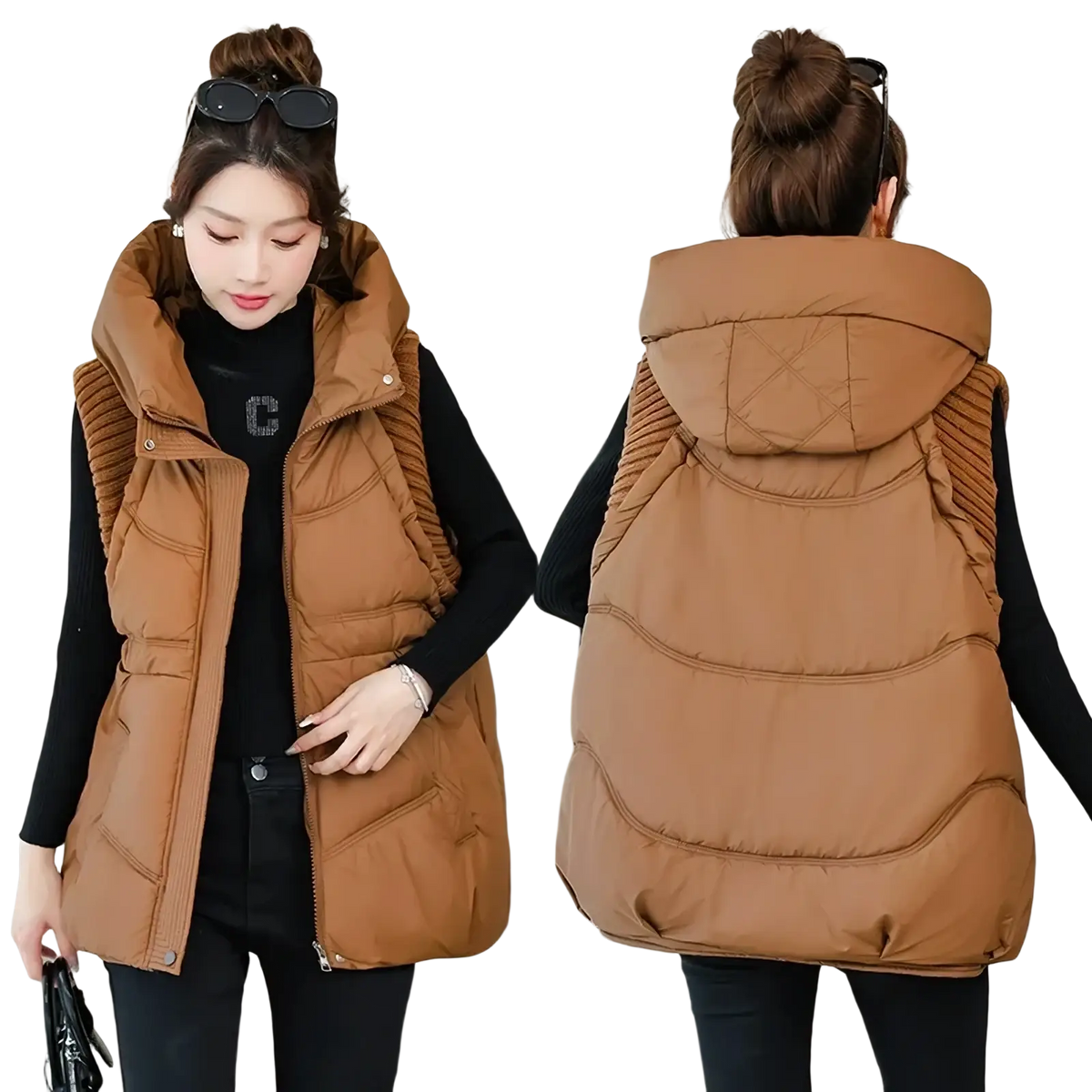 Women hooded quilted winter vest in warm camel color with ribbed side panels and hood for cold weather layering