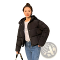 Women hooded short down jacket in black with silver snap buttons and a hood for winter outdoor wear