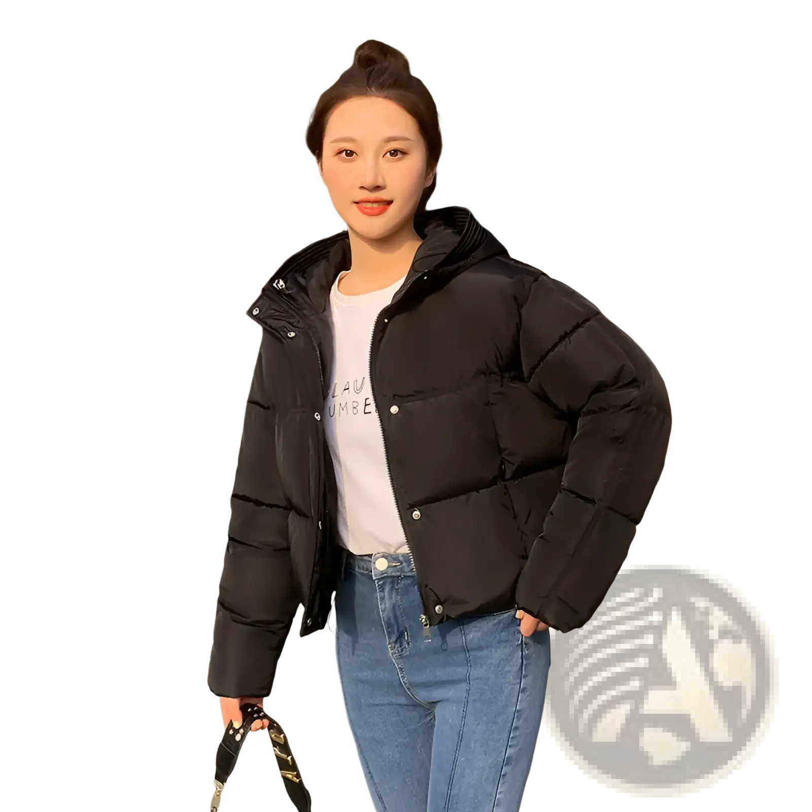 Women hooded short down jacket in black with silver snap buttons and a hood for winter outdoor wear