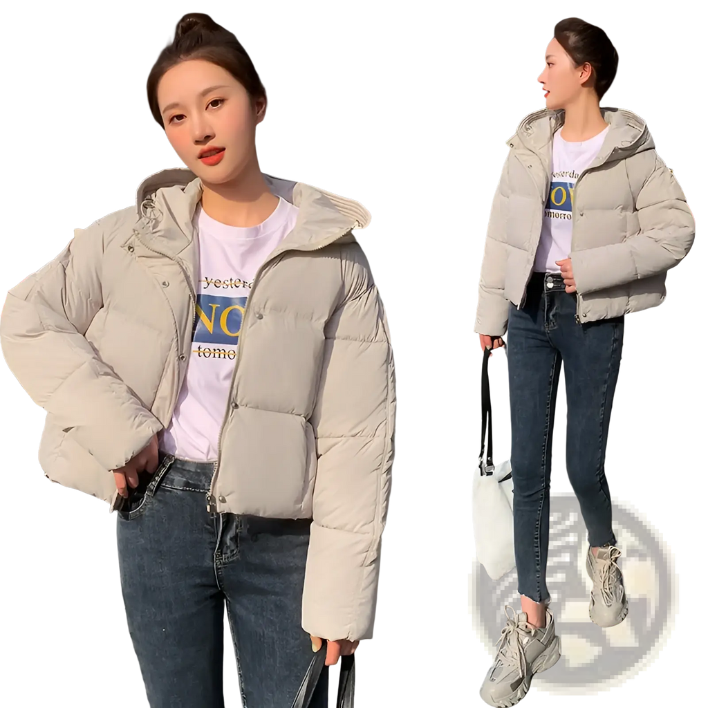 Beige women hooded short down jacket featuring quilted design and puffer style for cold weather protection
