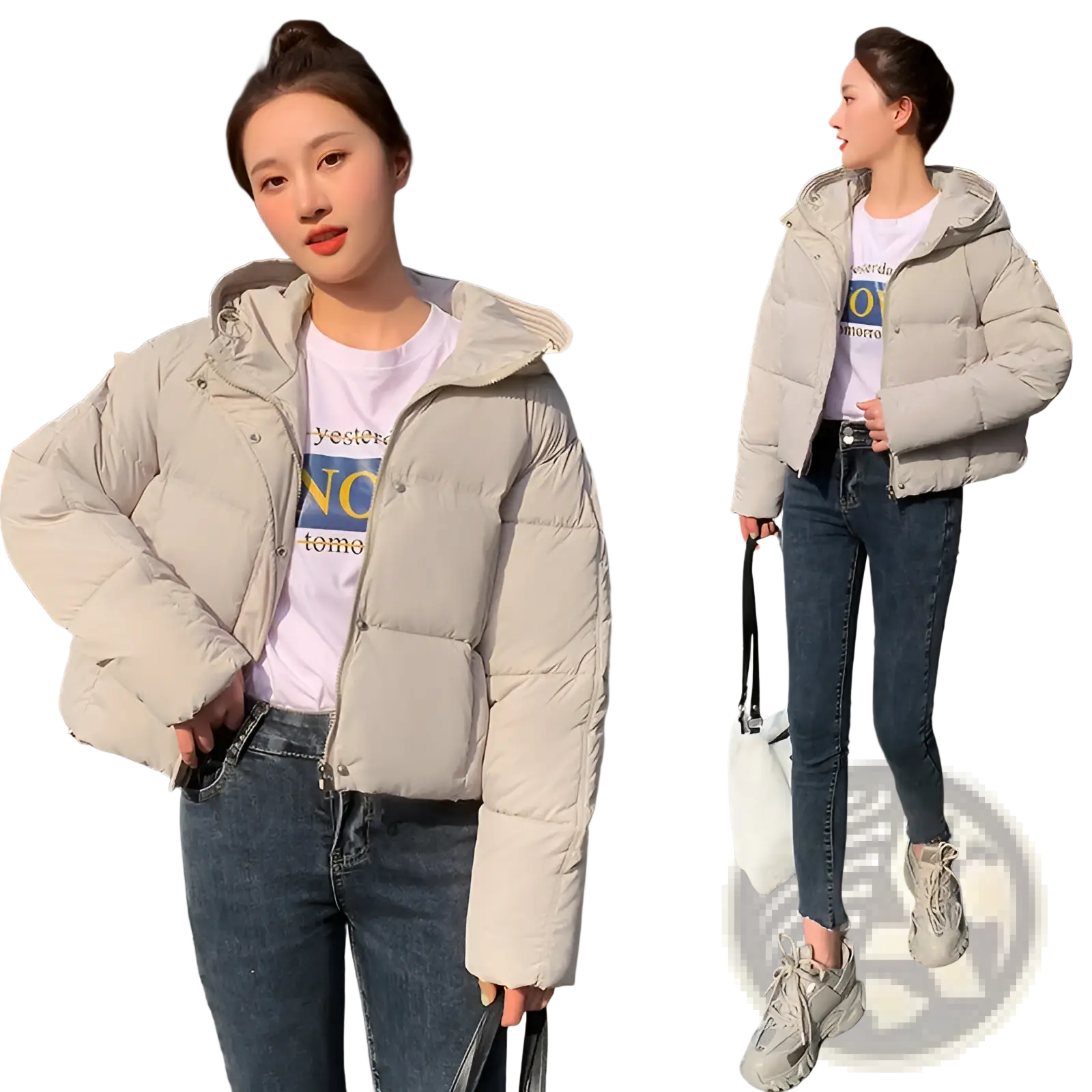 Beige women hooded short down jacket featuring quilted design and puffer style for cold weather protection