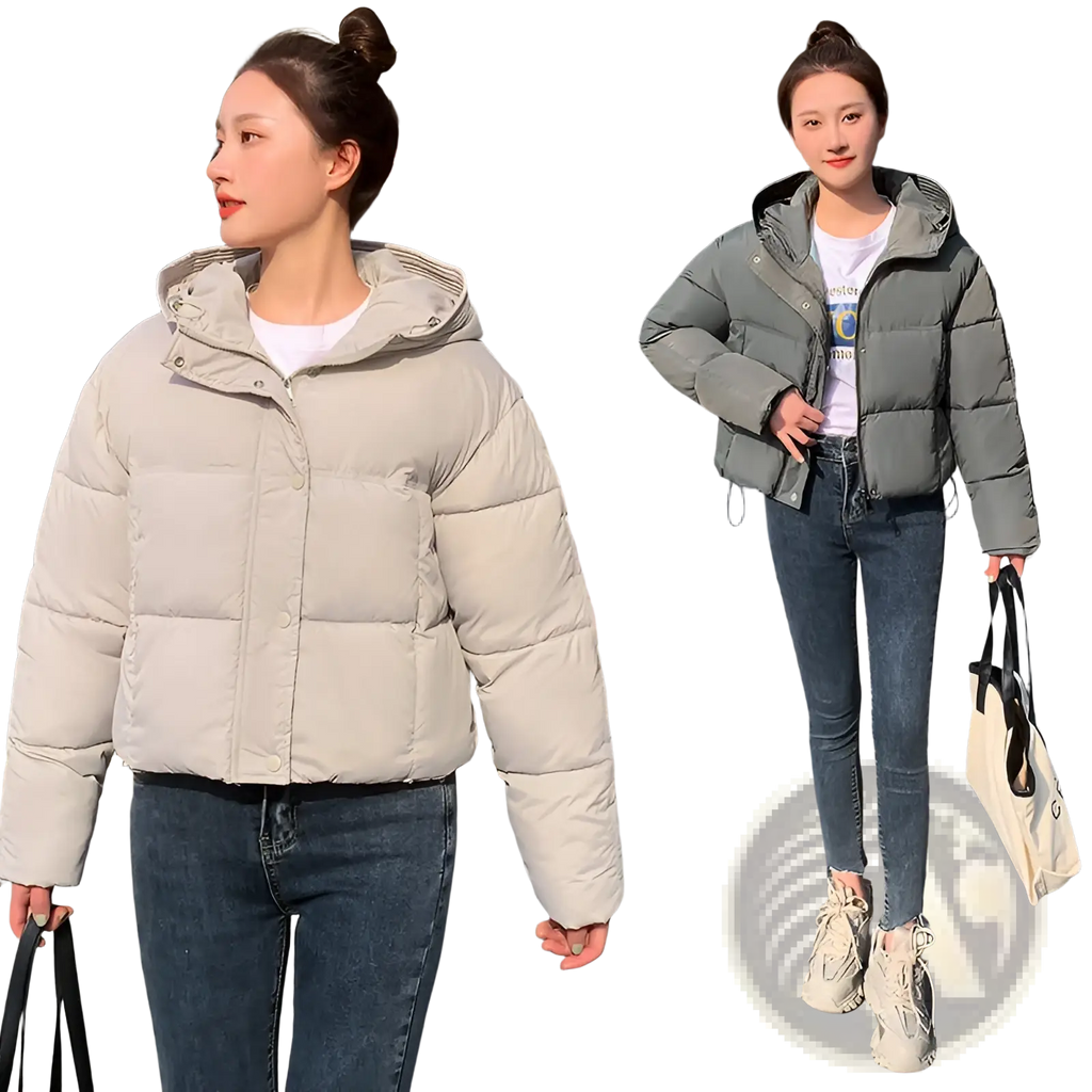 Beige women hooded short down jacket with quilted design and puffer style for cold weather warmth