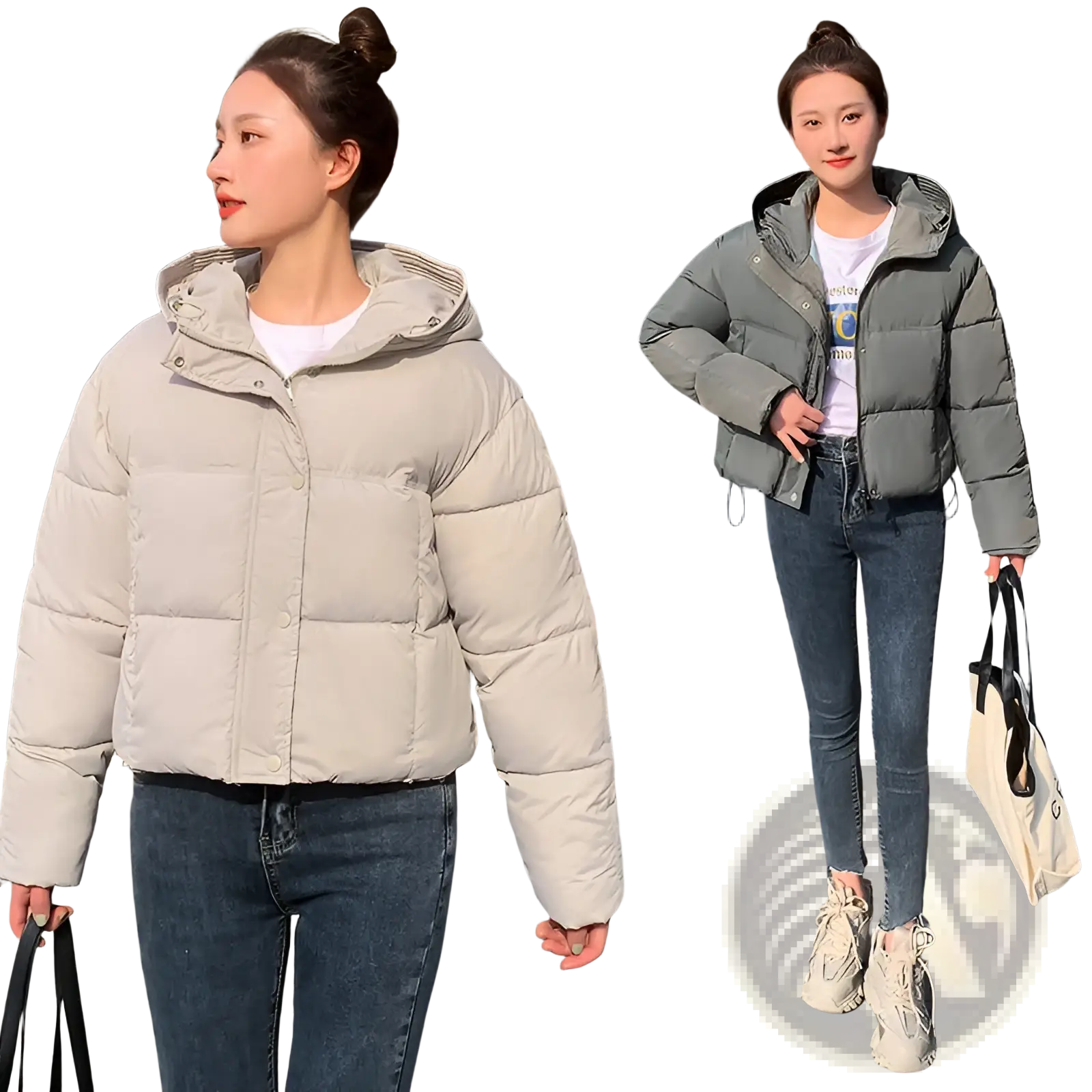 Beige women hooded short down jacket with quilted design and puffer style for cold weather warmth