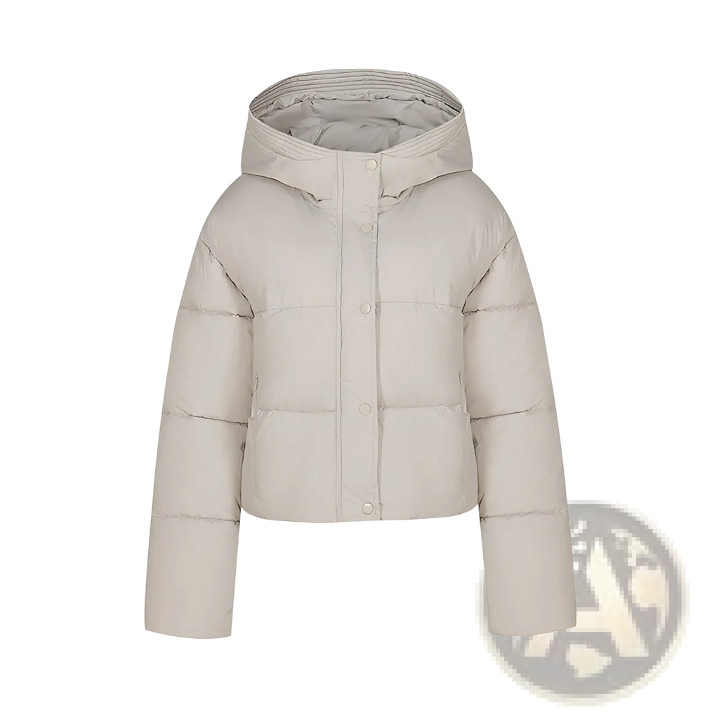 Beige women hooded short down jacket featuring a puffer design with a hood and button closure