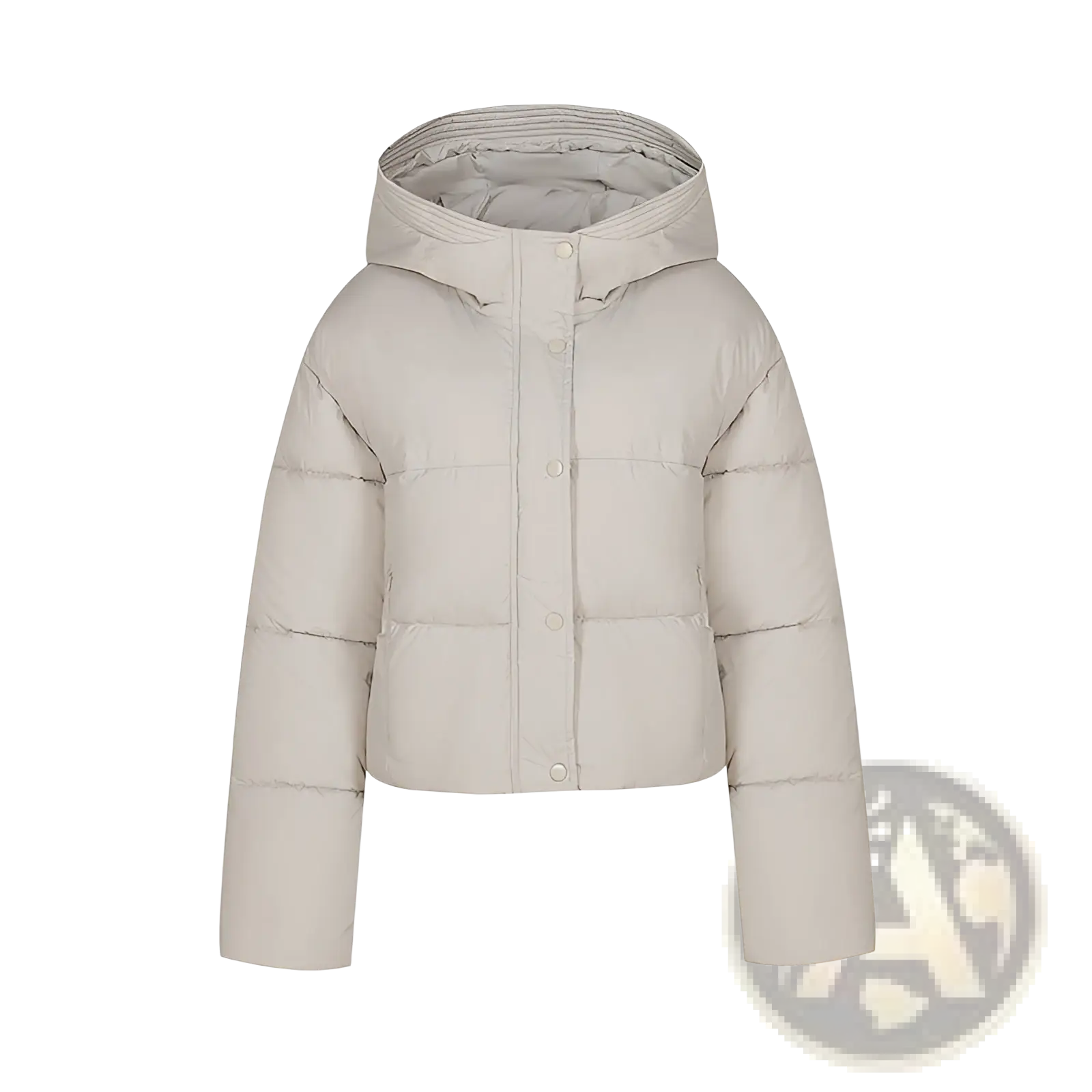 Beige women hooded short down jacket featuring a puffer design with a hood and button closure