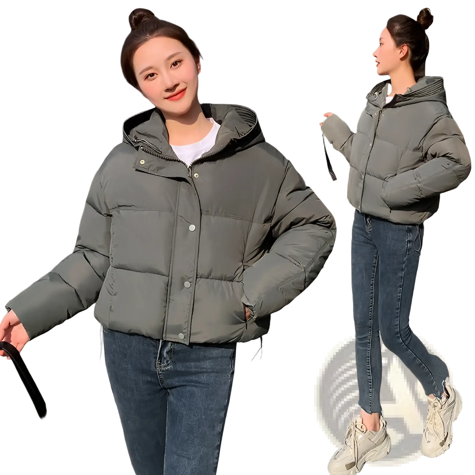 Olive green women hooded short down jacket with puffer design button closure and warm insulated material