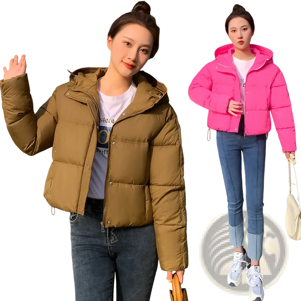 Olive green women hooded short down jacket with quilted design and front zipper for cold weather wear