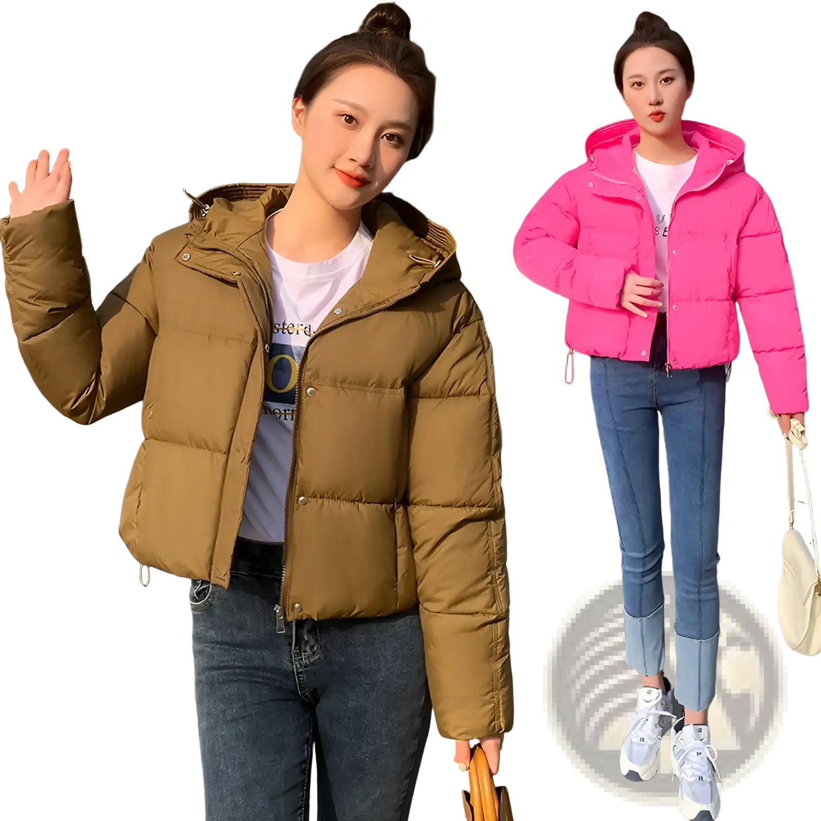 Olive green women hooded short down jacket with quilted design and front zipper for cold weather wear