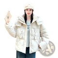 Cream-colored women hooded short puffer jacket with quilted design and multiple front pockets for winter warmth
