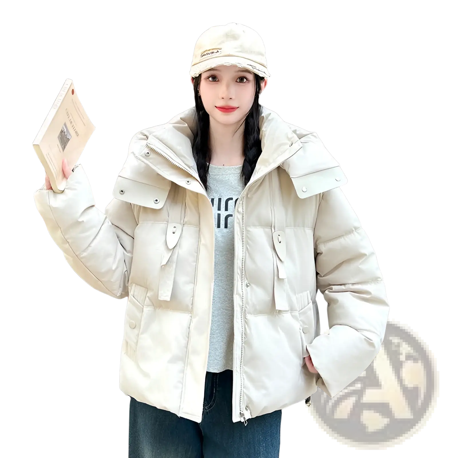 Cream-colored women hooded short puffer jacket with quilted design and multiple front pockets for winter warmth