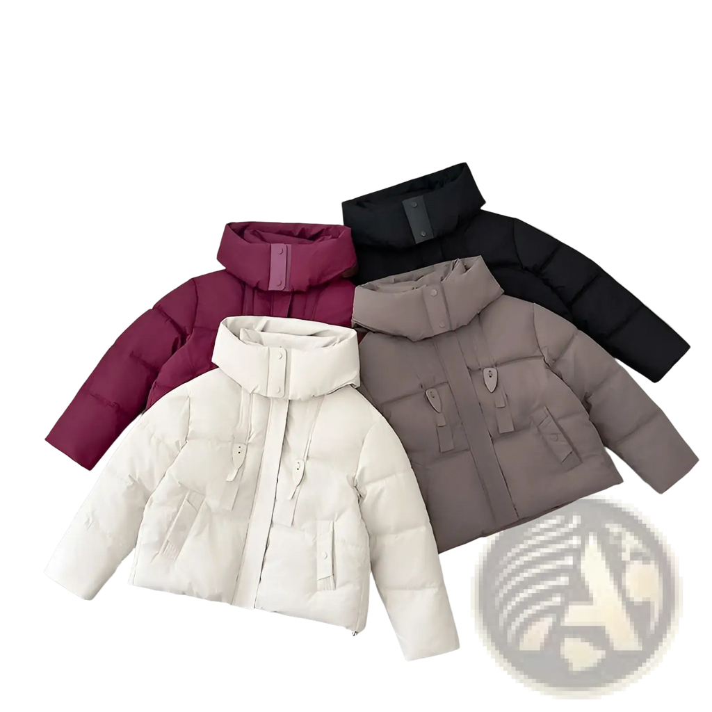 Four women hooded short puffer jackets in maroon black beige and cream displayed on light wood floor for winter wear