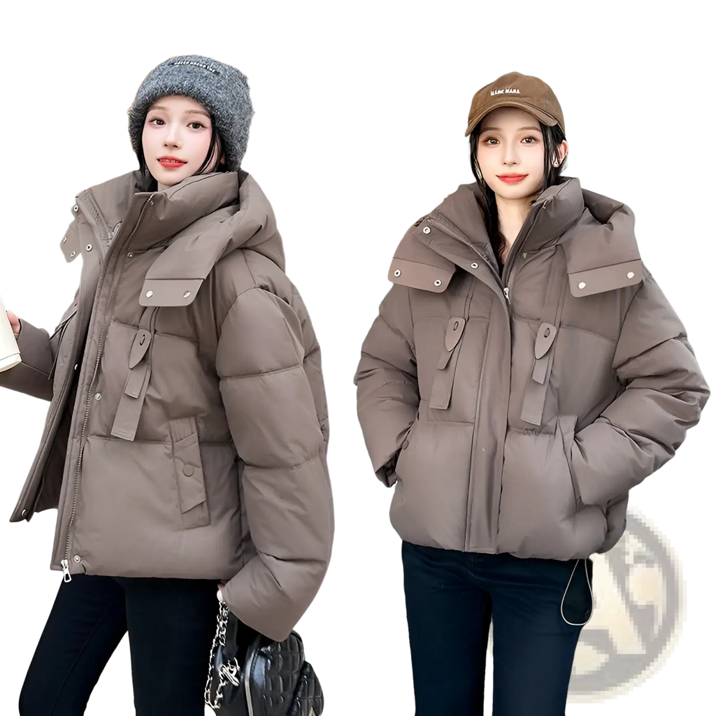 Women hooded short puffer jacket warm winter coat in cozy brown with high collar and front pockets