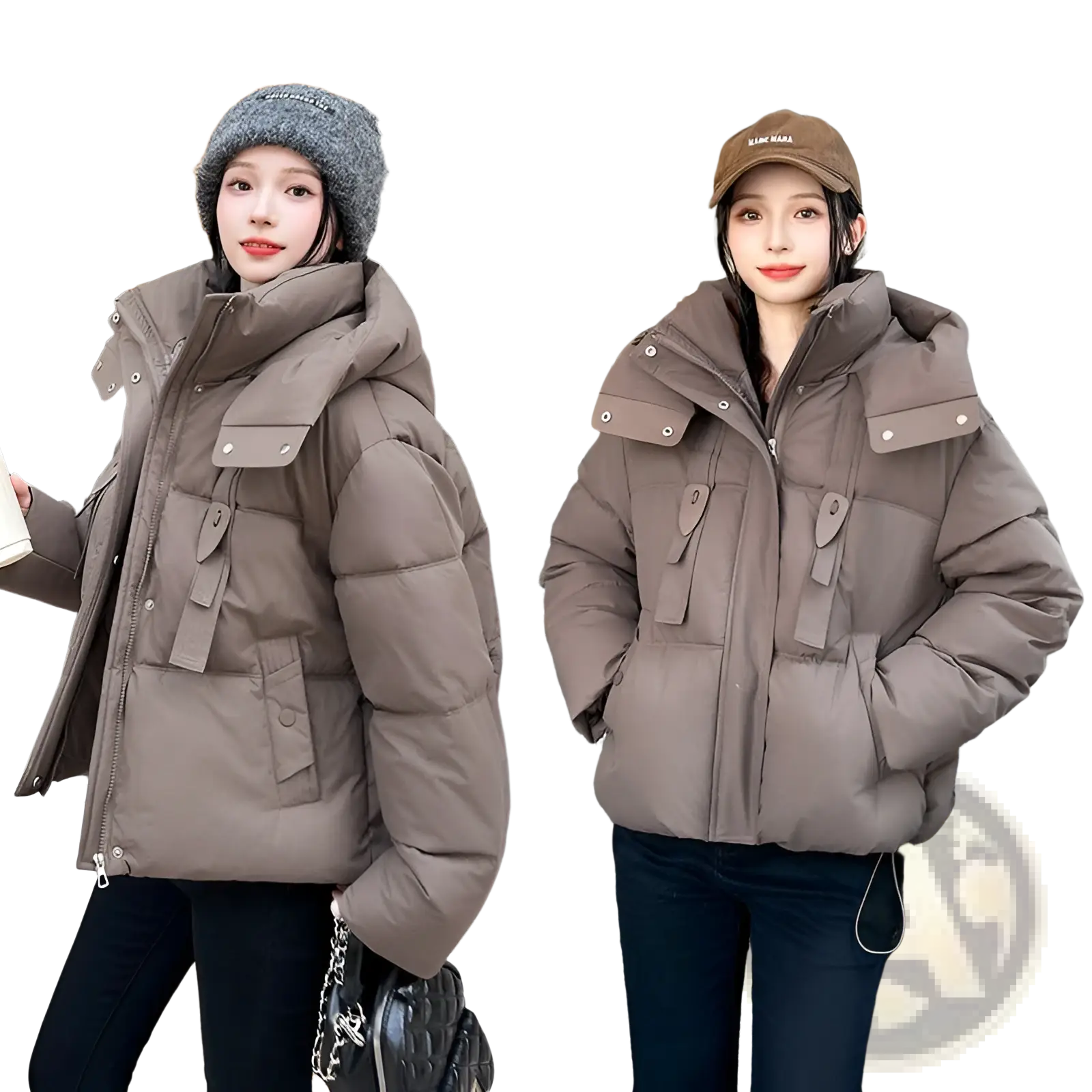 Women hooded short puffer jacket warm winter coat in cozy brown with high collar and front pockets