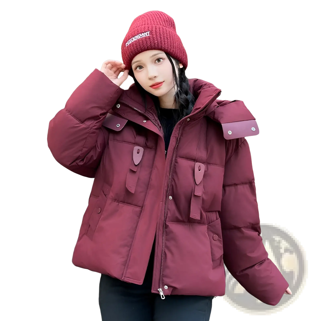 Women hooded short maroon puffer jacket with quilted panels and padded shoulders paired with a matching knit beanie