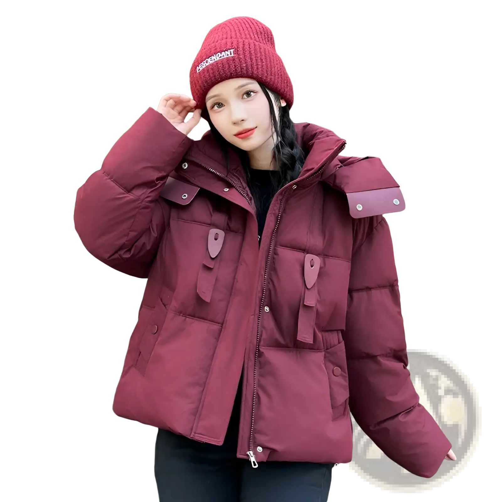 Women hooded short maroon puffer jacket with quilted panels and padded shoulders paired with a matching knit beanie