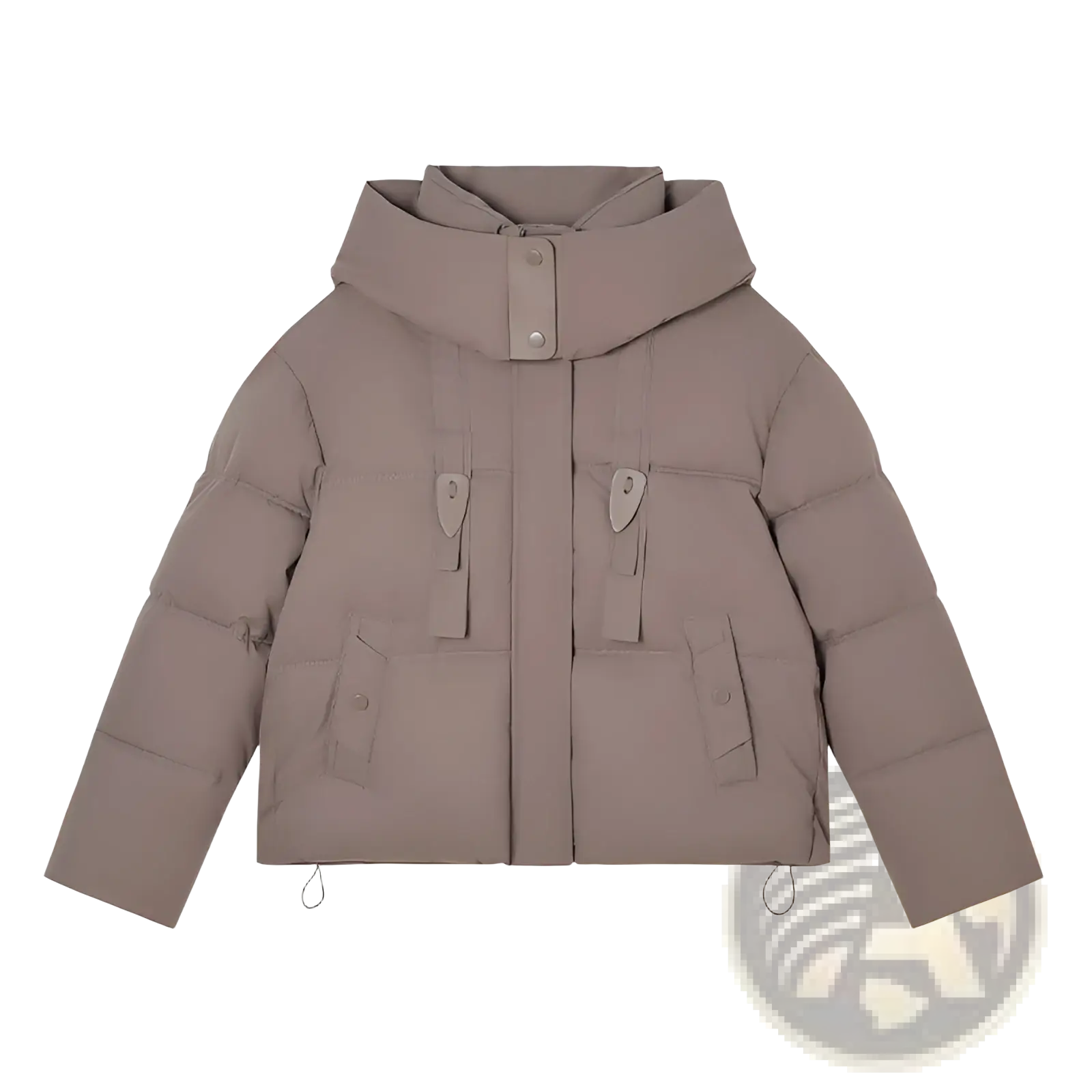Beige women hooded short puffer jacket with front flap pockets and drawstrings at the hem for warm winter wear