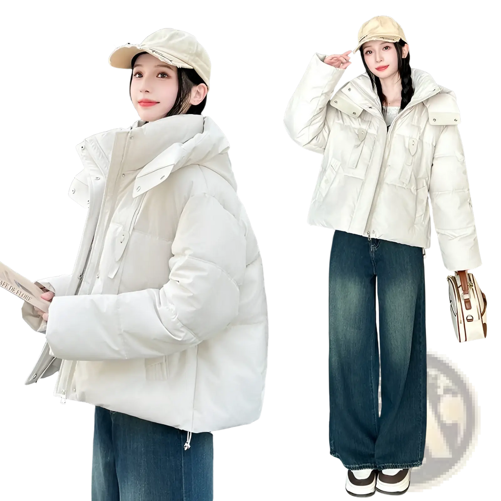 Off-white women hooded short puffer jacket with quilted design and adjustable hood for warm winter wear