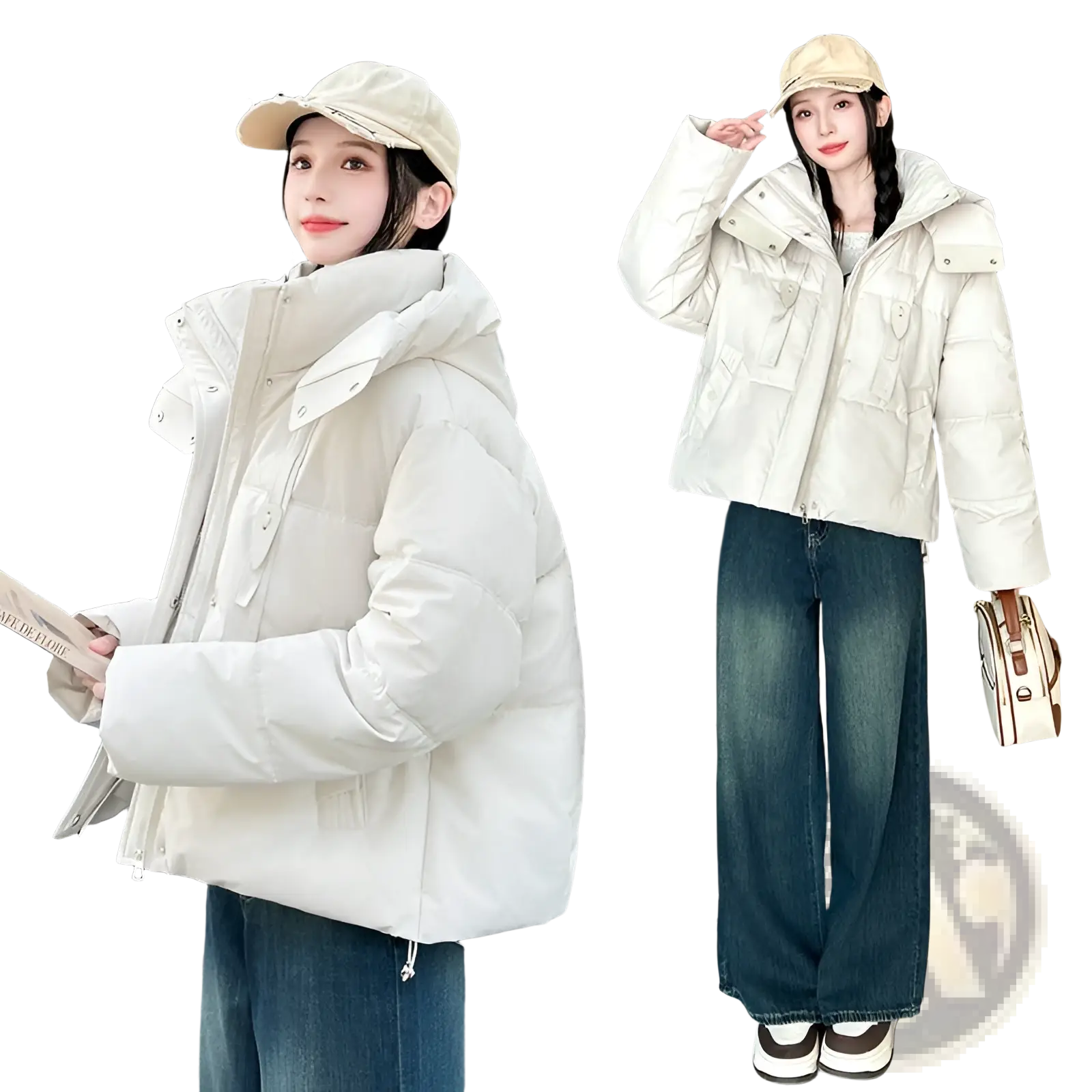 Off-white women hooded short puffer jacket with quilted design and adjustable hood for warm winter wear